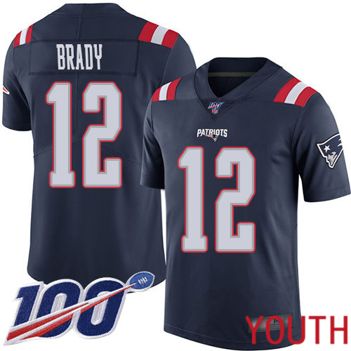New England Patriots Football #12 100th Season Rush Vapor Limited Navy Blue Youth Tom Brady NFL Jersey->youth nfl jersey->Youth Jersey